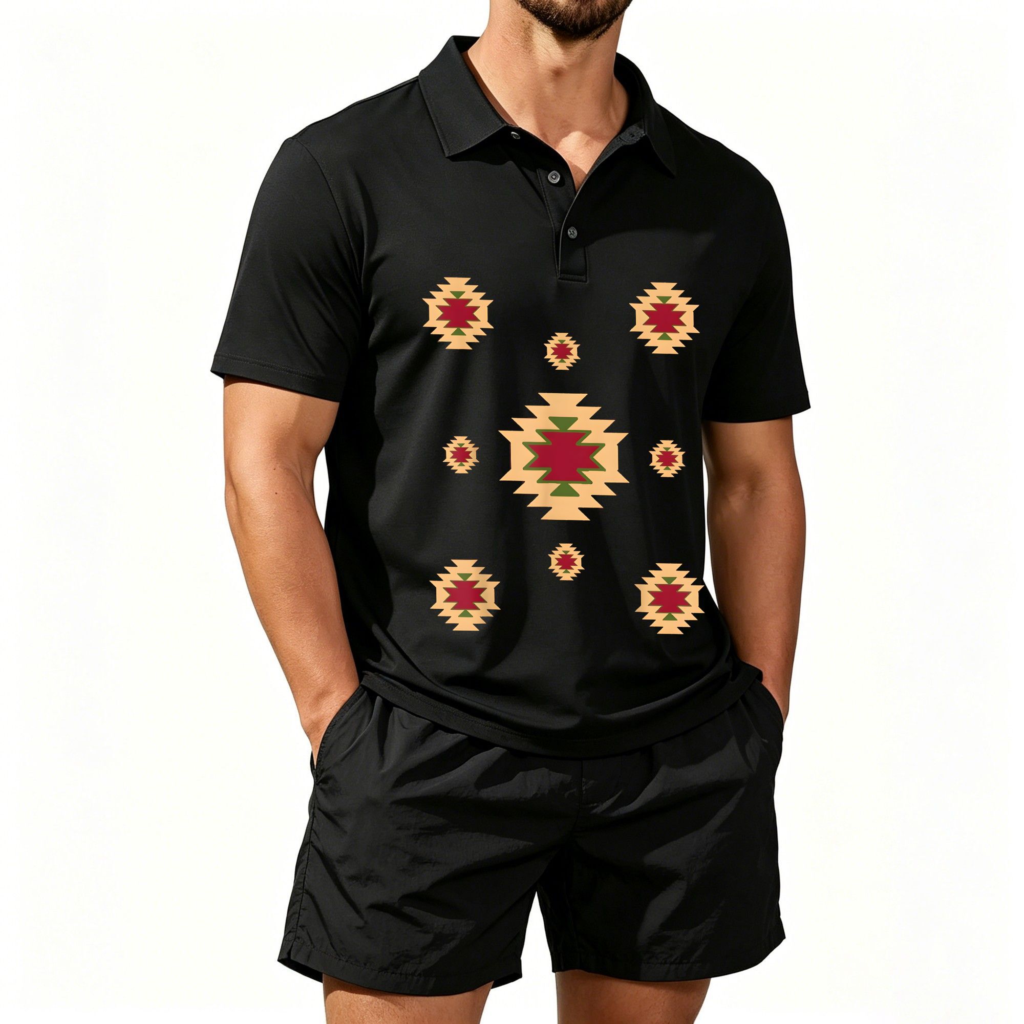 Ethnic Style - Men's Short-Sleeved Polo Shirt Set, Western