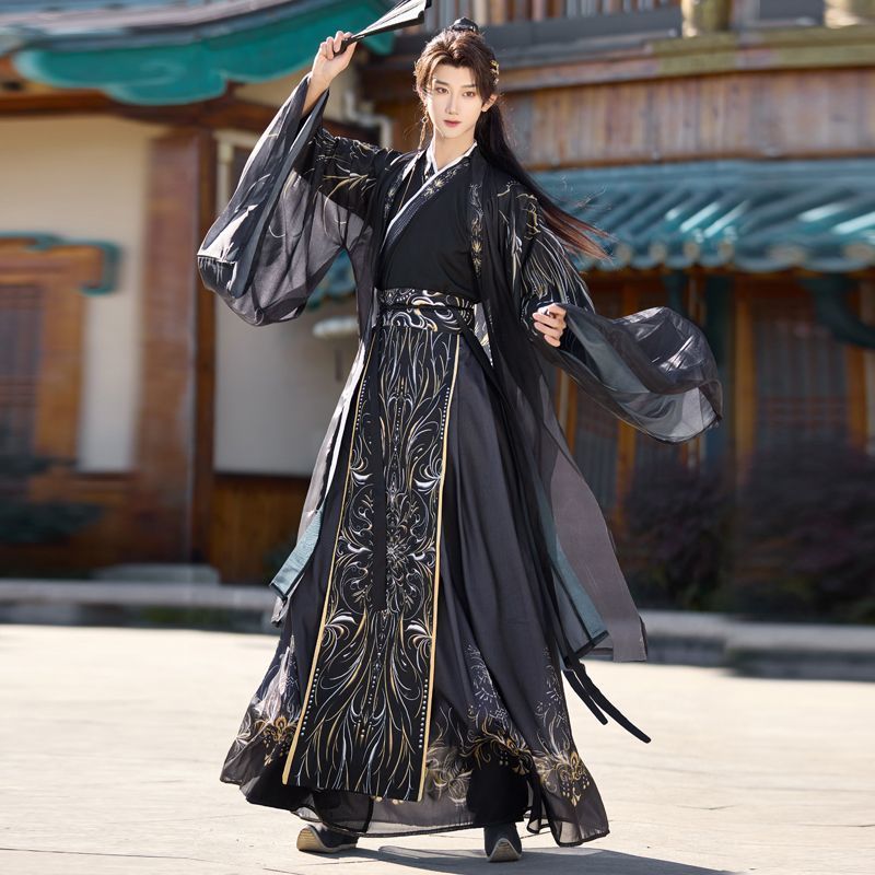 Dark Black Print Male Hanfu Ne - Ethnic Fashion Wear review and price